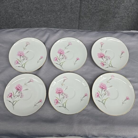 Royal Court Pink Carnation Saucers 6"‎ Gold Trim Japan Replacement Set of 6 - Picture 1 of 8